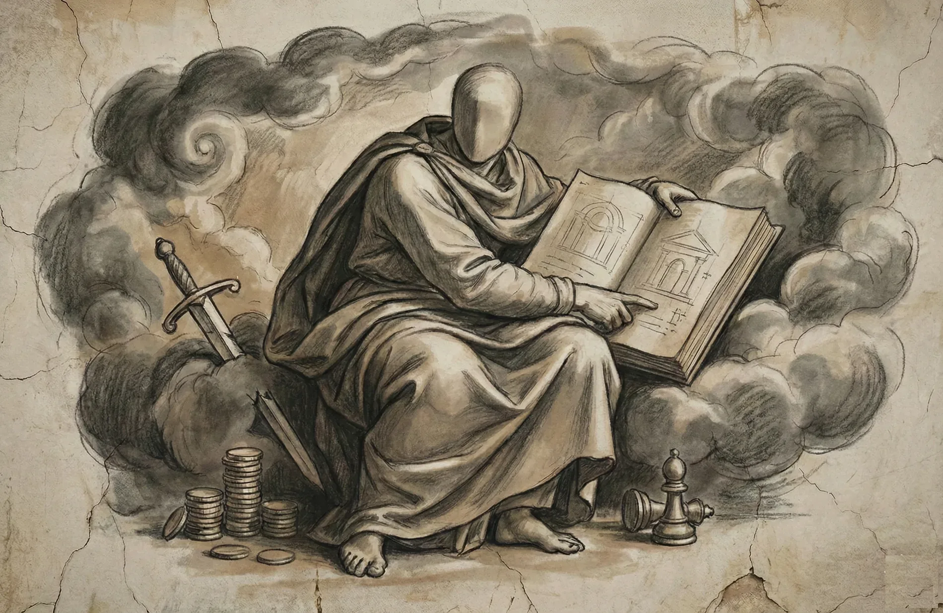 Classical mural with an architect-like figure studying a manuscript